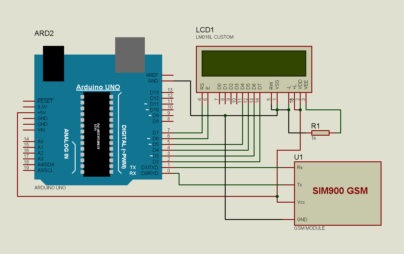 Arduino GSM Wireless Notice Board circuit diagram