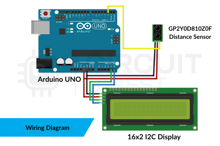 Complete wiring diagram showing GP2Y0D80Z0F distance sensor connections to Arduino Uno with I2C LCD display