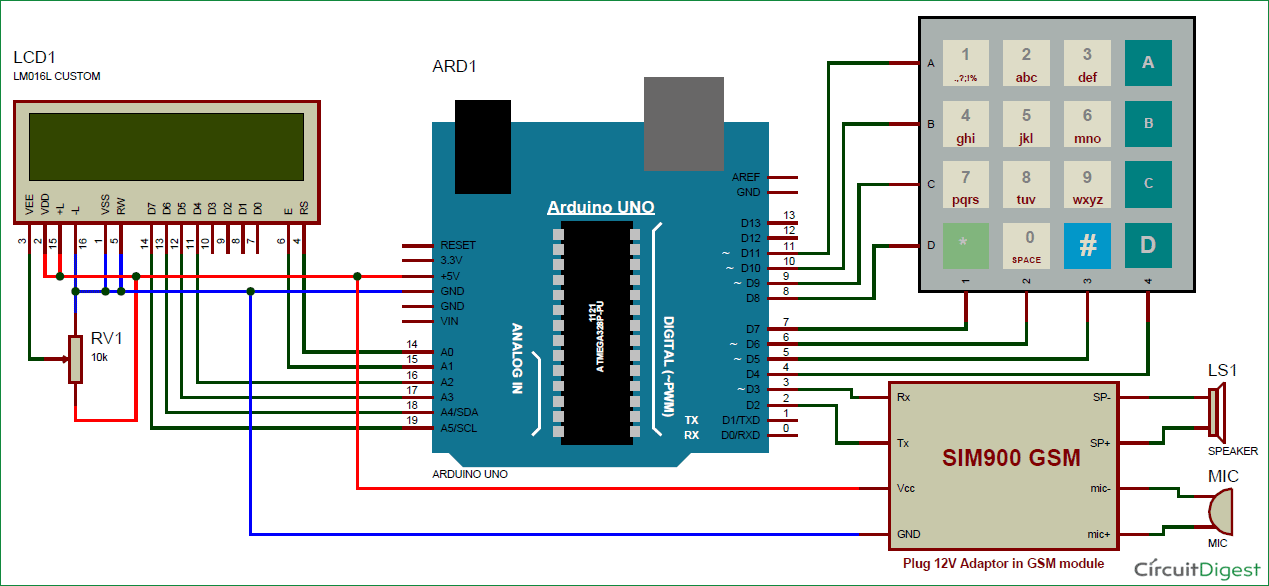 Gsm Interfacing With Arduino Circuit Diagram