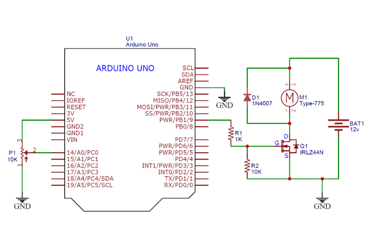 Circuit Diagram of Arduino DC Motor Controller Project