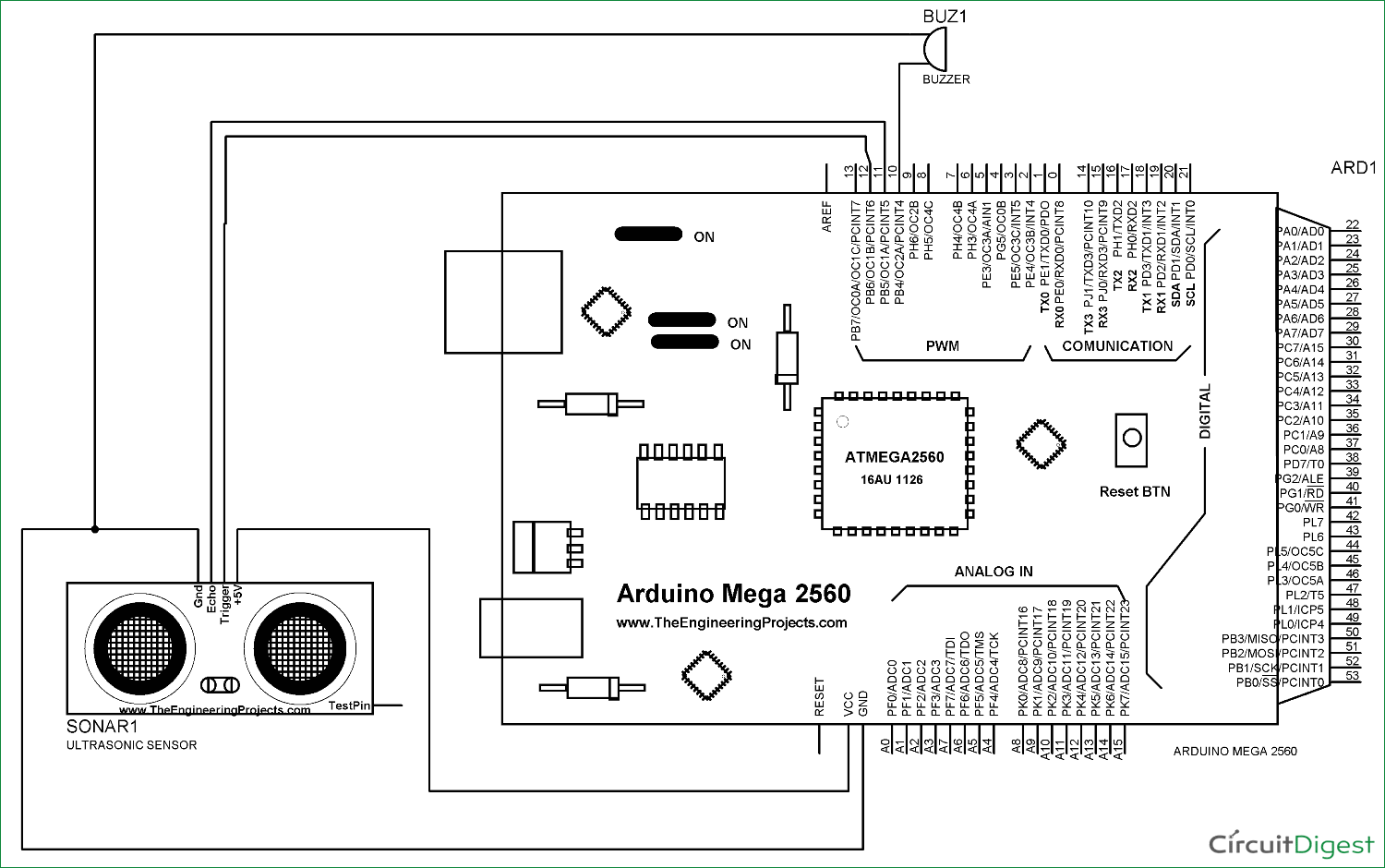 Arduino Burglar Alarm Circuit Diagram using Ultrasonic Sensor