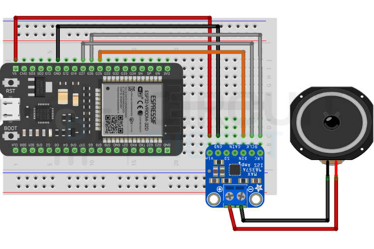 Complete wiring diagram showing ESP32 DevKit connected to MAX98357A amplifier for text to speech projects