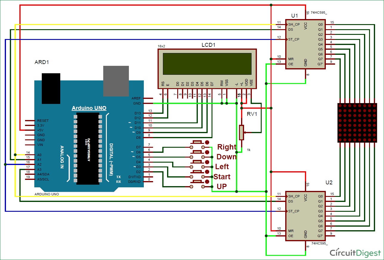 Arduino Snake Game on 8x8 LED Matrix: Circuit Diagram and C Code