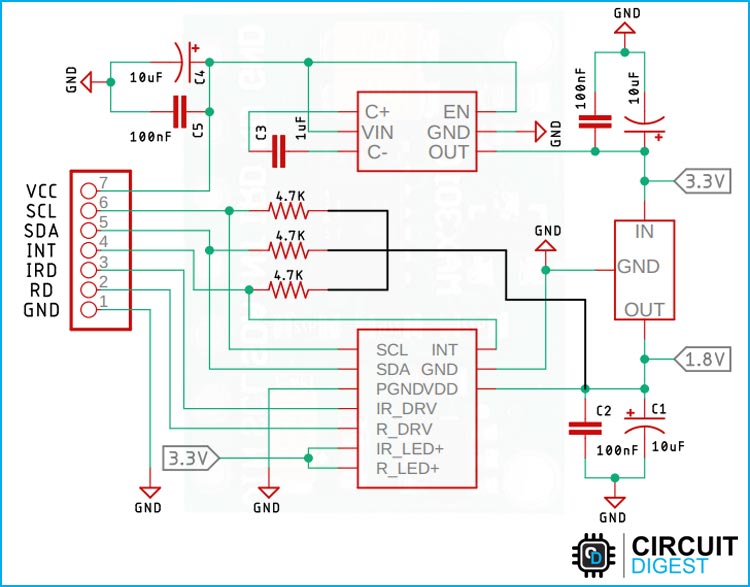 Circuit Diagram for MAX30102 Pulse Oximeter and Heart Rate Sensor Module 