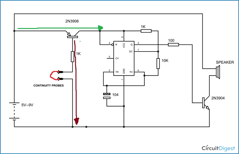 Simple Continuity  psychotherapy Circuit Diagram using 555 Timer IC