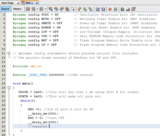 how to write c code for led light