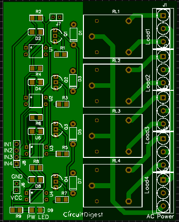 Photo view of 4-channel relay driver module PCB