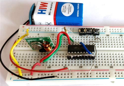 RF remote transmitter circuit on breadboard