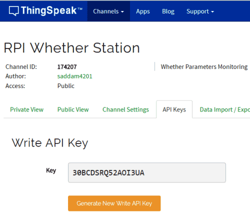 Raspberry-pi-weather-station-thingspeak-API-key