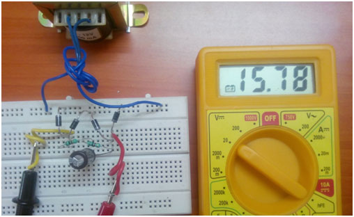 Full wave Rectifier Circuit on Breadboard with Filter 1