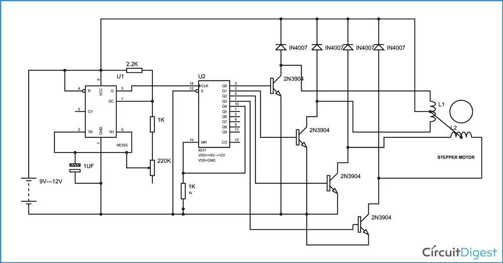 Simple Stepper Motor Driver Circuit Diagram using 555 Timer IC