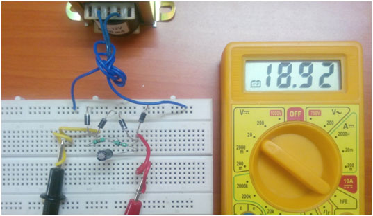Full wave rectifier circuit on breadboard with filter 3