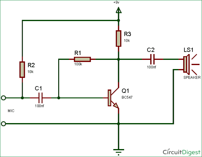 simple preamplifier circuit with mic and speaker