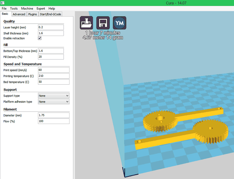 ชิ้นส่วนการพิมพ์ 3D ของแขนหุ่นยนต์ที่ใช้ Cura