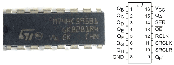 74HC595 Serial Shift Register IC Pinout
