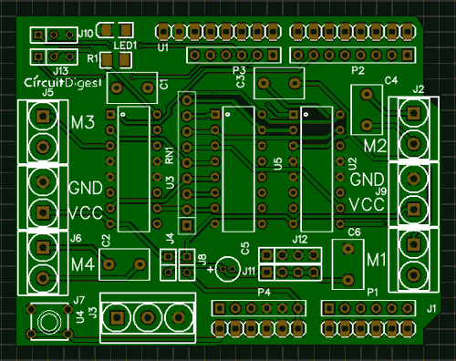 After fabrication view of DIY Arduino Motor Driver Shield PCB in EasyEDA software