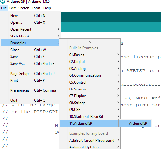 ArduinoISP Example in Arduino IDE