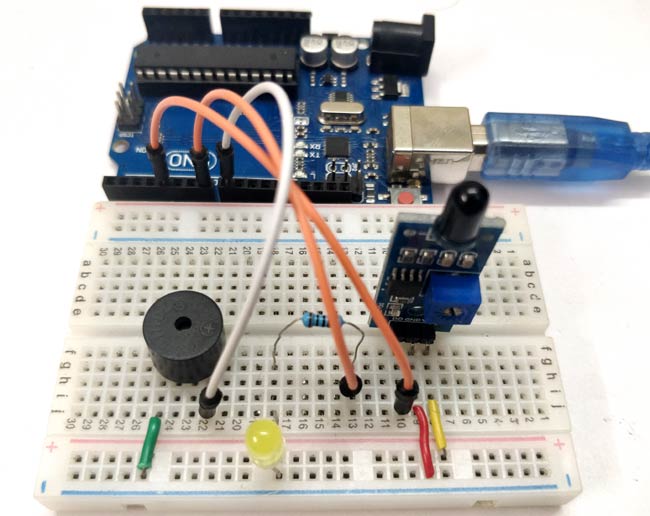 วงจรฮาร์ดแวร์สำหรับเซ็นเซอร์เปลวไฟเชื่อมต่อกับ Arduino