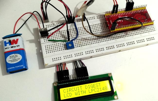 Circuit Hardware for Interfacing 16x2 LCD with ARM7-LPC2148 in 4-Bit Mode
