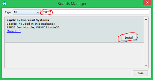 Download Library for ESP32 from Board Manager Window