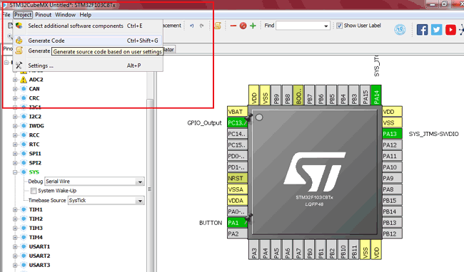 Generate Code for Programming STM32F103C8 using STM32CubeMX