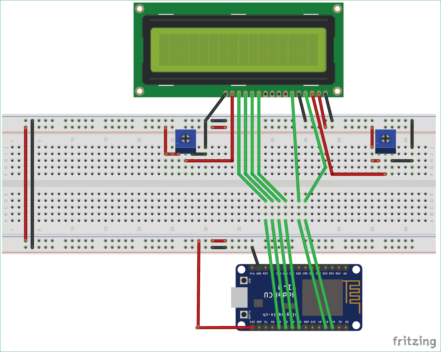 Interfacing circuit diagram of LCD with ESP12 without using Shift Register