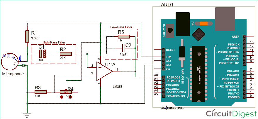 Measuring sound in dB with Microphone and Arduino circuit diagram with high and low pass filter