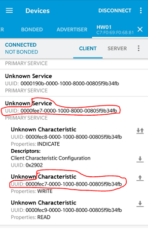 Obtaining the Service and Characteristic UUID of server using nRF Connect Android App