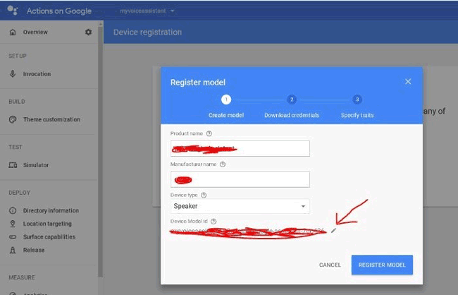 Register Model on Google developer console