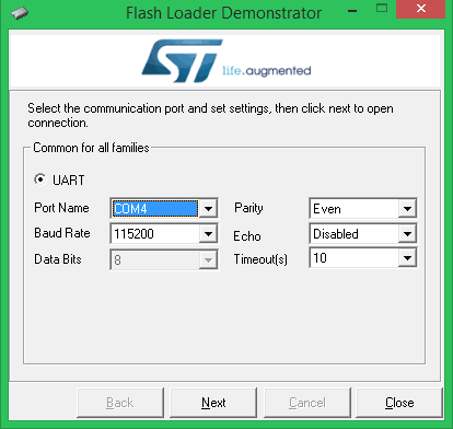 Select Com Port using Flash Loader Demonstrator