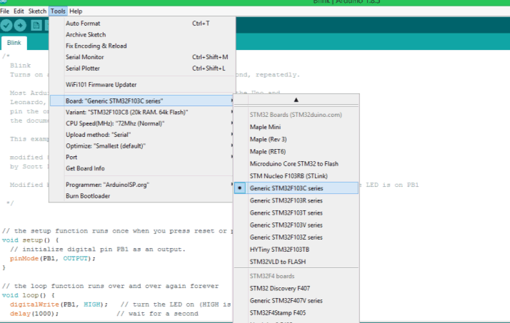 Select STM32F103C as Microcontroller Board in Arduino IDE