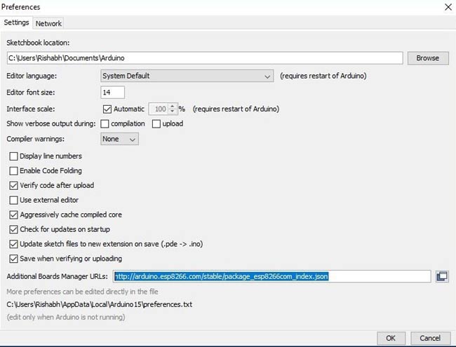 Setting up preference for Arduino IDE