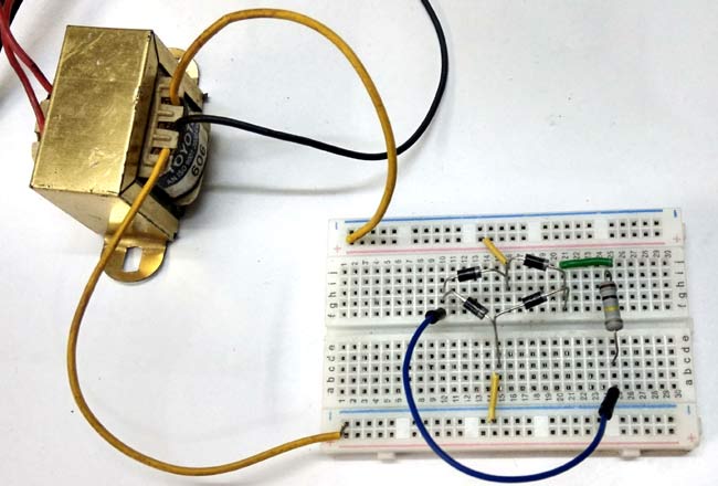 Bridge rectifier outlet on breadboard