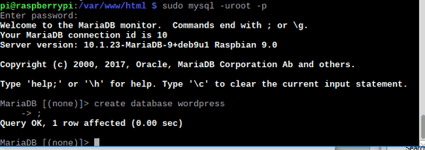 Successfully Setup Database for Wordpress on Pi