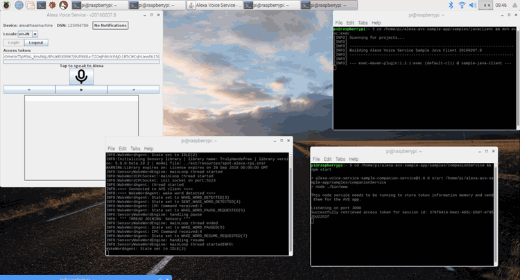 Terminal windows On Raspberry Pi for Controlling LED using IOT with Alexa