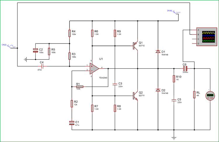 40 Watt Audio Amplifier Circuit Diagram Using Tda2040 And Transistor Pair