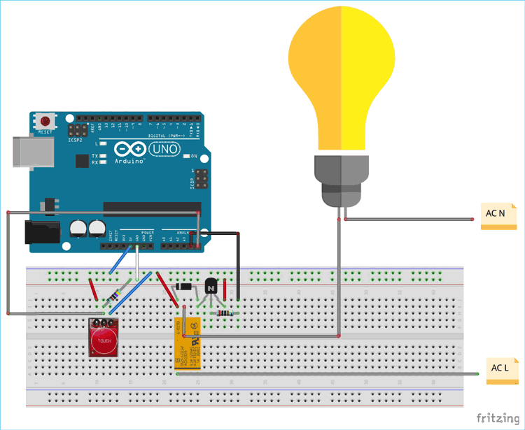 Breadboard Connection for TTP223 Touch sensor interfacing with Arduino UNO