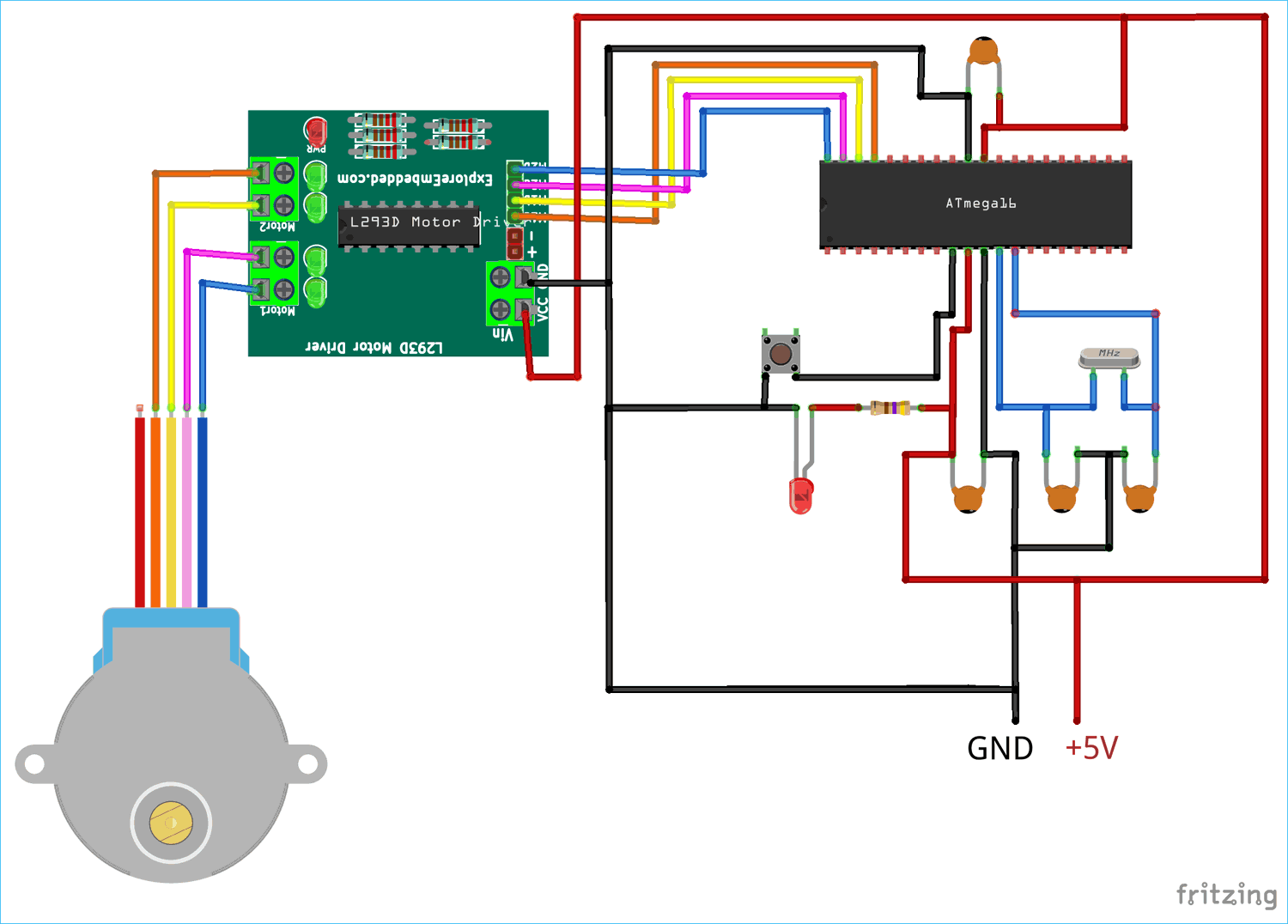 Circuit Diagram for Interfacing Stepper Motor with AVR Microcontroller Atmega16 using L293D