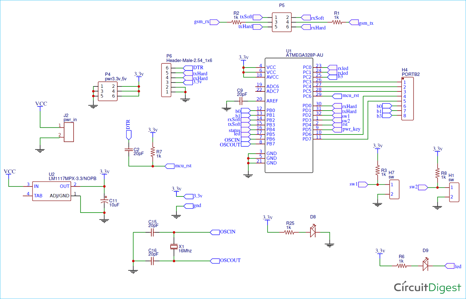 Circuit Diagram for MCU Part of DIY Location Tracker using GSM SIM800 and Arduino