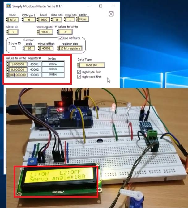 Controlling Servo at angle 180 using Arduino UNO as RS-485 Modbus Slave