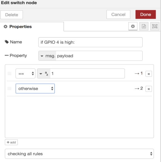 Edit Switch Properties for Flow in Node-RED