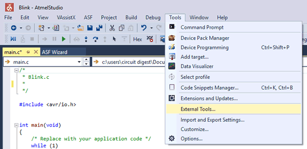 External Tools on Atmel Studio 7 for Programming AVR Microcontroller Atmega16