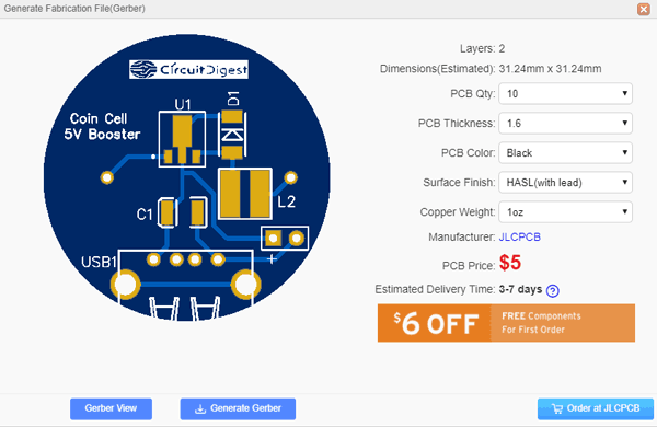 Ordering Single Cell Boost Converter PCB