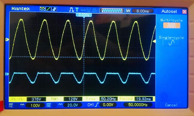Series Positive Clipper Waveform on Oscilloscope