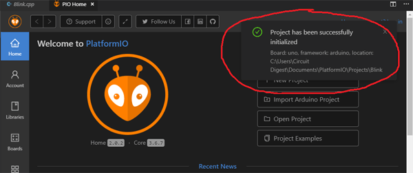Successfully Created Particle IO Project for Arduino UNO