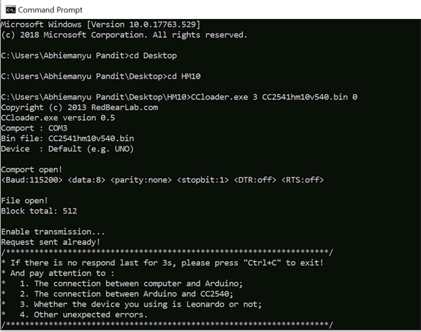 Updating HM10 Firmware using Arduino