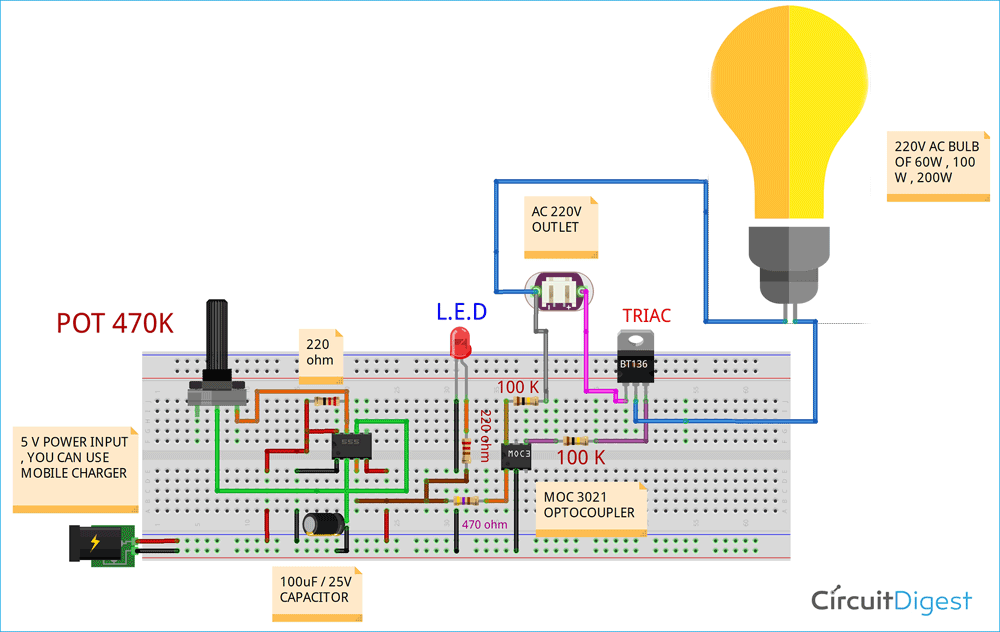 Discriminate Muscular Burger AC Lights Flashing and Blink Control Circuit Using 555 Timer and TRIAC