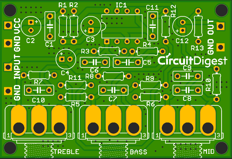 Audio Equalizer Tone Control Circuit With Bass Treble And Mid Frequency Control Using Op Amp