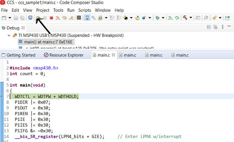 GPIO Interrupt Program using Code Composer Studio