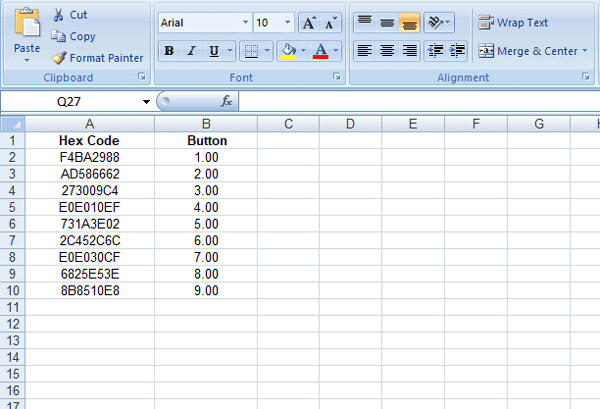 IR Remote Decoder Data into Excel Sheet